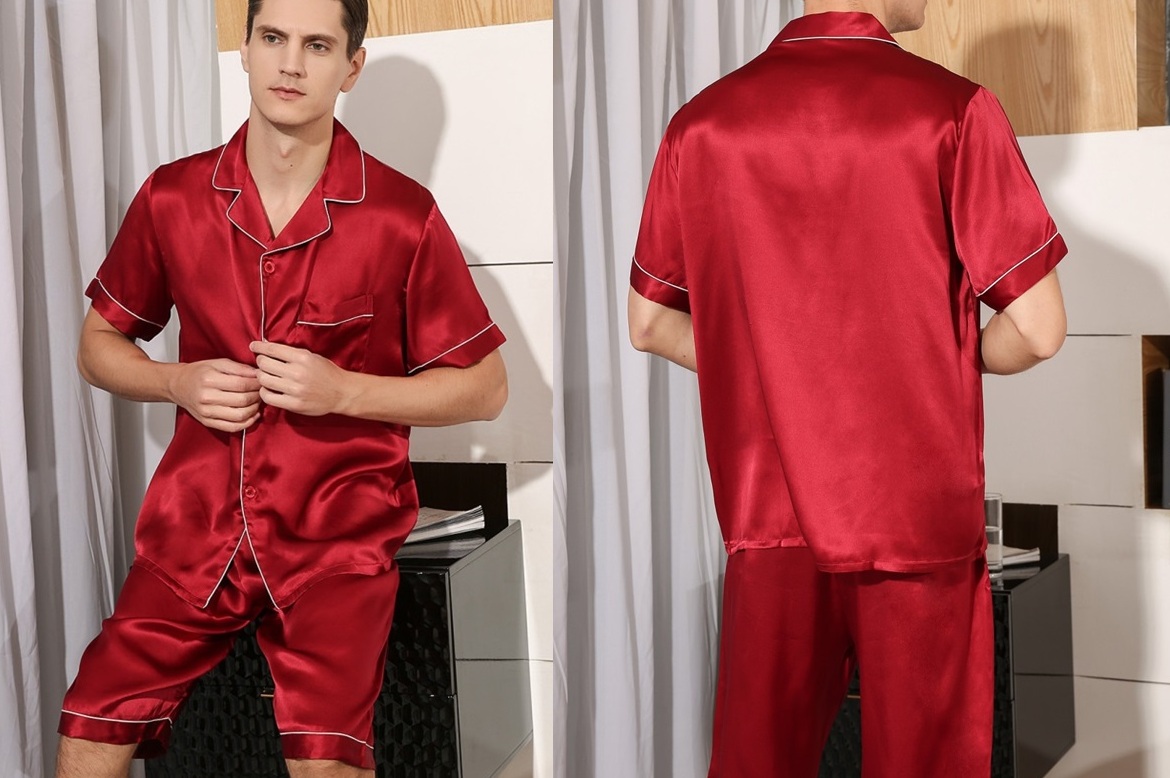jedwabna-pizama-meska-869szu.jpg Zestaw: Jedwabna Piżama Męska Spodenki i Koszula Jedwabna Wzór: Red Wine Short - obrazek 1