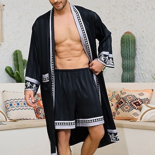 jedwabna-pizama-meska-897lij.jpg Męskie Piżama Jedwabna szata Odzież do spania Suknia kąpielowa Wzory graficzne Moda Elegancki Klasyczny Dom Codzienny Łóżko Poliester Komfort Miękka W serek Długi rękaw Pasek w zestawie Wiosna Jesień 2026 $59.99 - obrazek 1