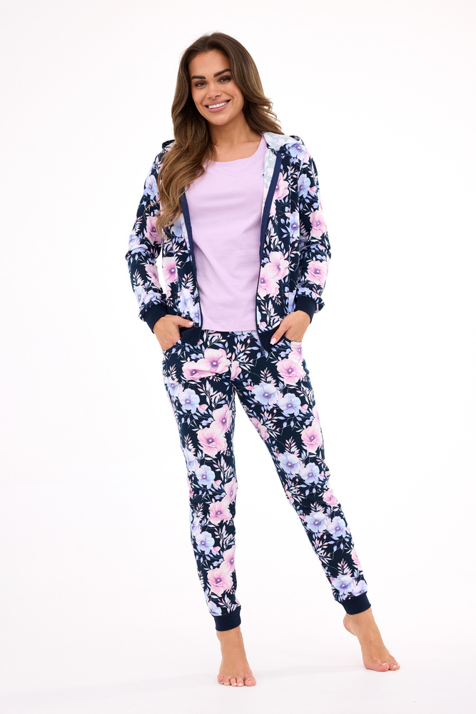 pizama-3-czesciowa-205sul.jpg Cornette MADDIE 355/464 – Trzyczęściowa Piżama Damska z Bawełny z Bluza w Kwiaty i Kapturem - obrazek 1