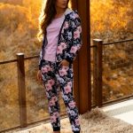 355/464 Maddie Cornette Piżama Damska – Granatowa 3 częściowa Piżama z Bluza w Kwiaty i Kapturem