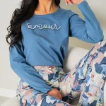 Piżama damska JEANS BLUE FLOWER długi rękaw i długie spodnie PLUS SIZE Muzzy