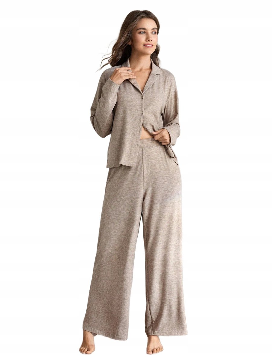 shein-pizama-damska-007aqt.jpg SHEIN BEŻOWA PIŻAMA DAMSKA Z KOŁNIERZEM I DŁUGIM RĘKAWEM L 1LA - obrazek 1